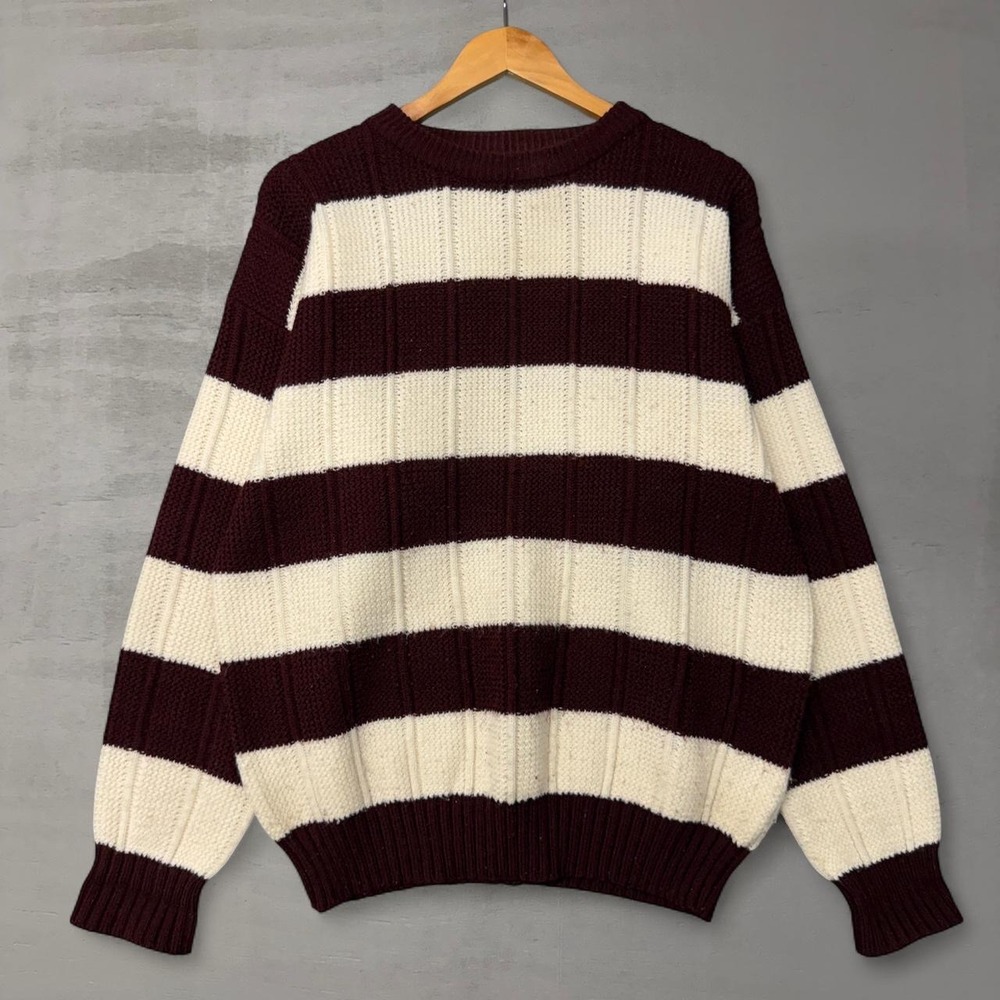Vintage Retro‎ Chunky Sweater Burgundy Cream Striped Knit Ribbed Crewneck Large
